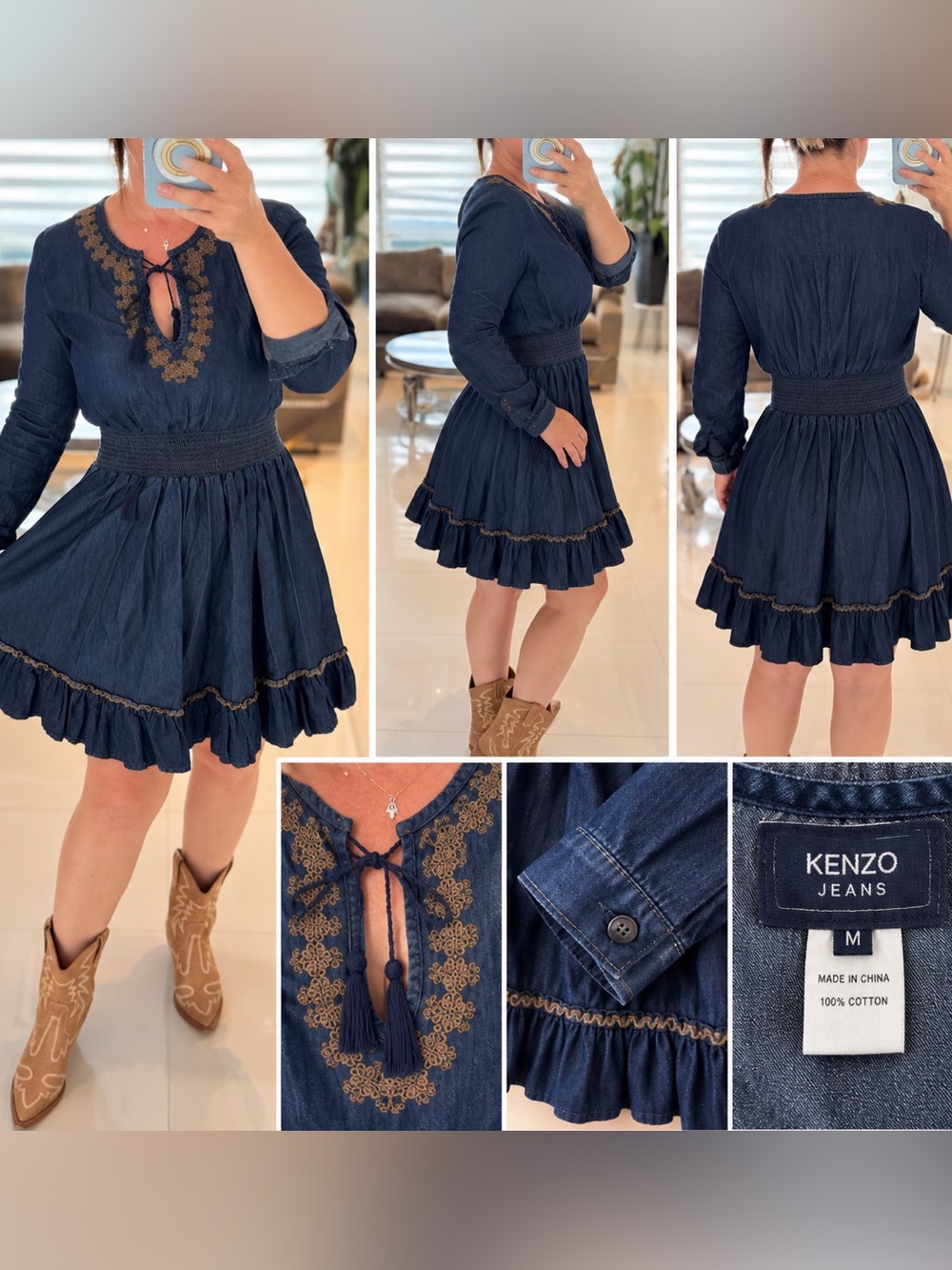 Kenzo Blue Long-Sleeve Embroidered Boho Dress Size M